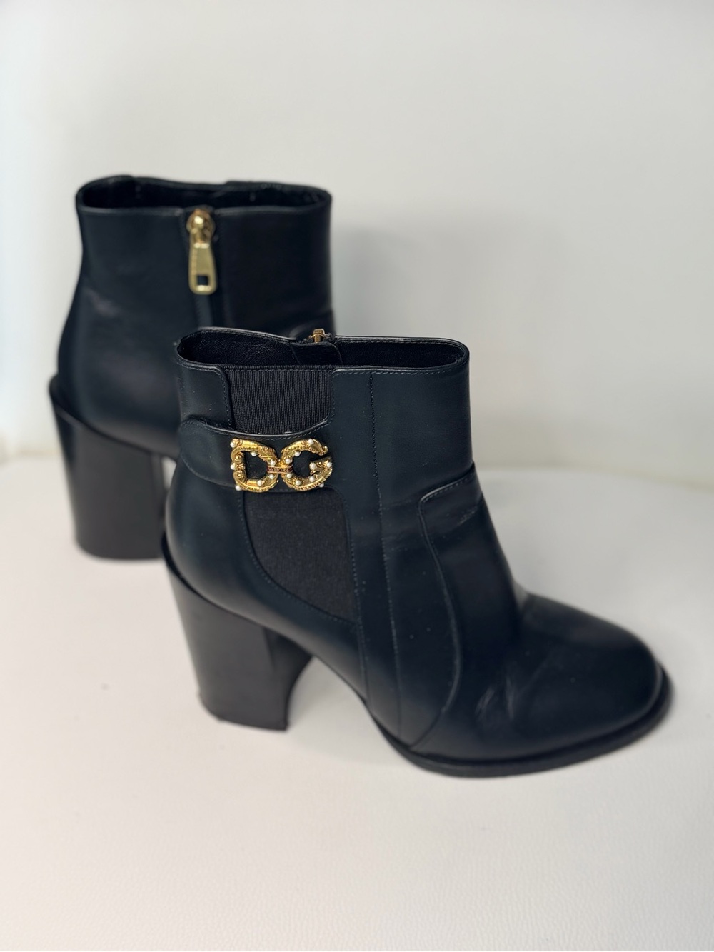 Dolce & Gabbana Black Leather Block-Heel Ankle Boots Size 6